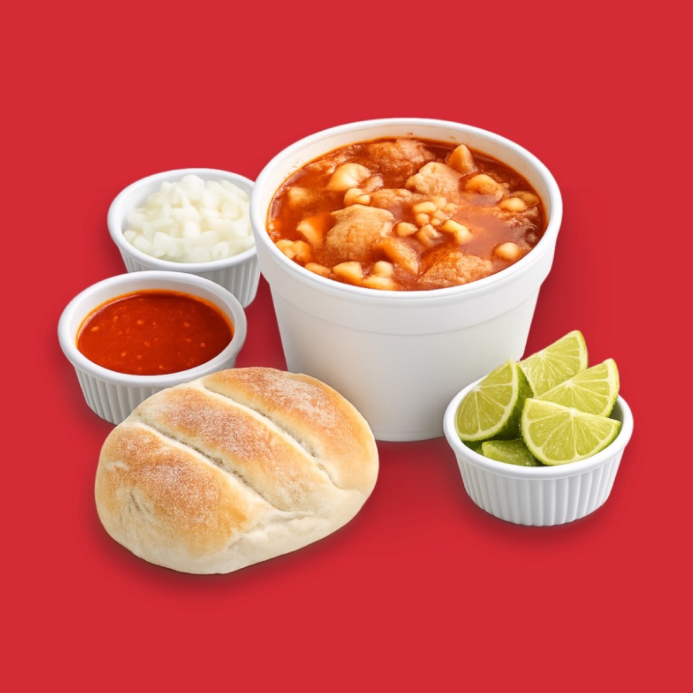 Medio litro de menudo de Ay Tula con pan, salsa, cebolla y limón